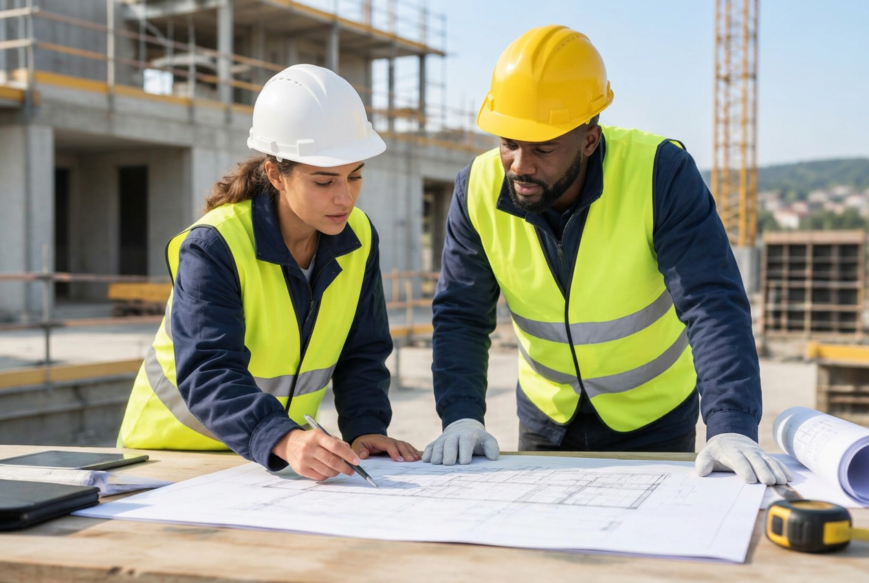 Illustration du métier : deux professionnels du BTP étudient des plans sur un chantier
