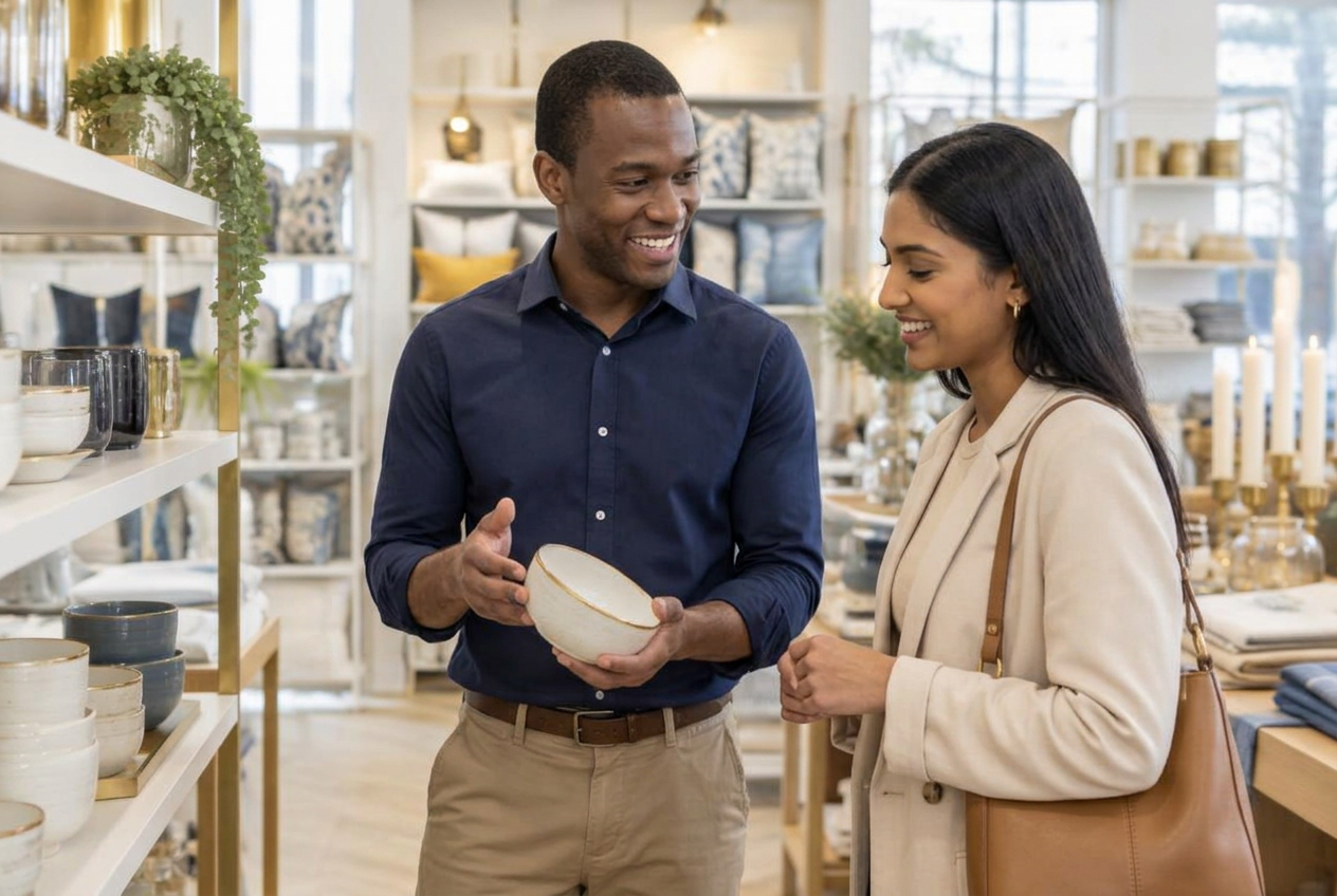Illustration du métier : un conseiller de vente accompagne une cliente en magasin